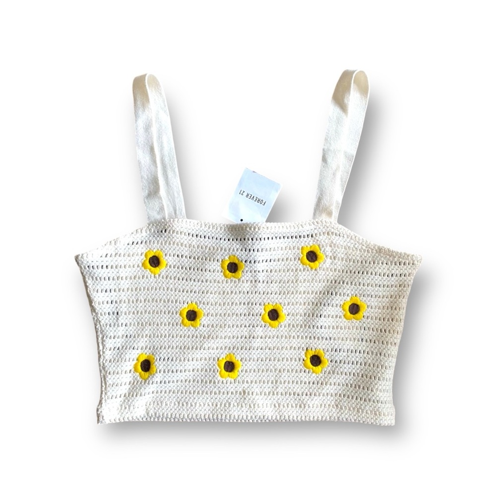 Crocheted Embroidered New Crop Top Flowers Sleeveless Size L Ivory Yellow